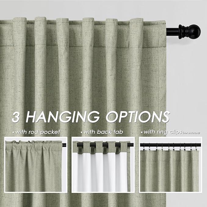 Nanspring Sage Green Linen 100% Blackout Curtains 95 inch Length Back Tab Rod Pocket Drapes Thermal Insulated Textured Living Room Black Out Curtains 2 Panels Set 52x95