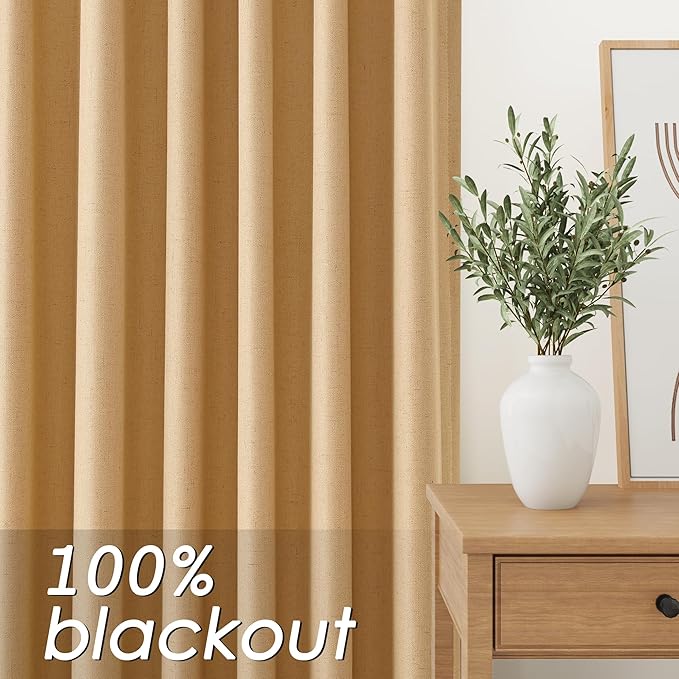 Full Black Out Camel Window Curtains Panels 102 Inches Long 2 Panels Set for Living Room Cotton Textured Long Blackout Curtain with Backing Thermal Insulated Drapes for Nursery Bedroom 52x102