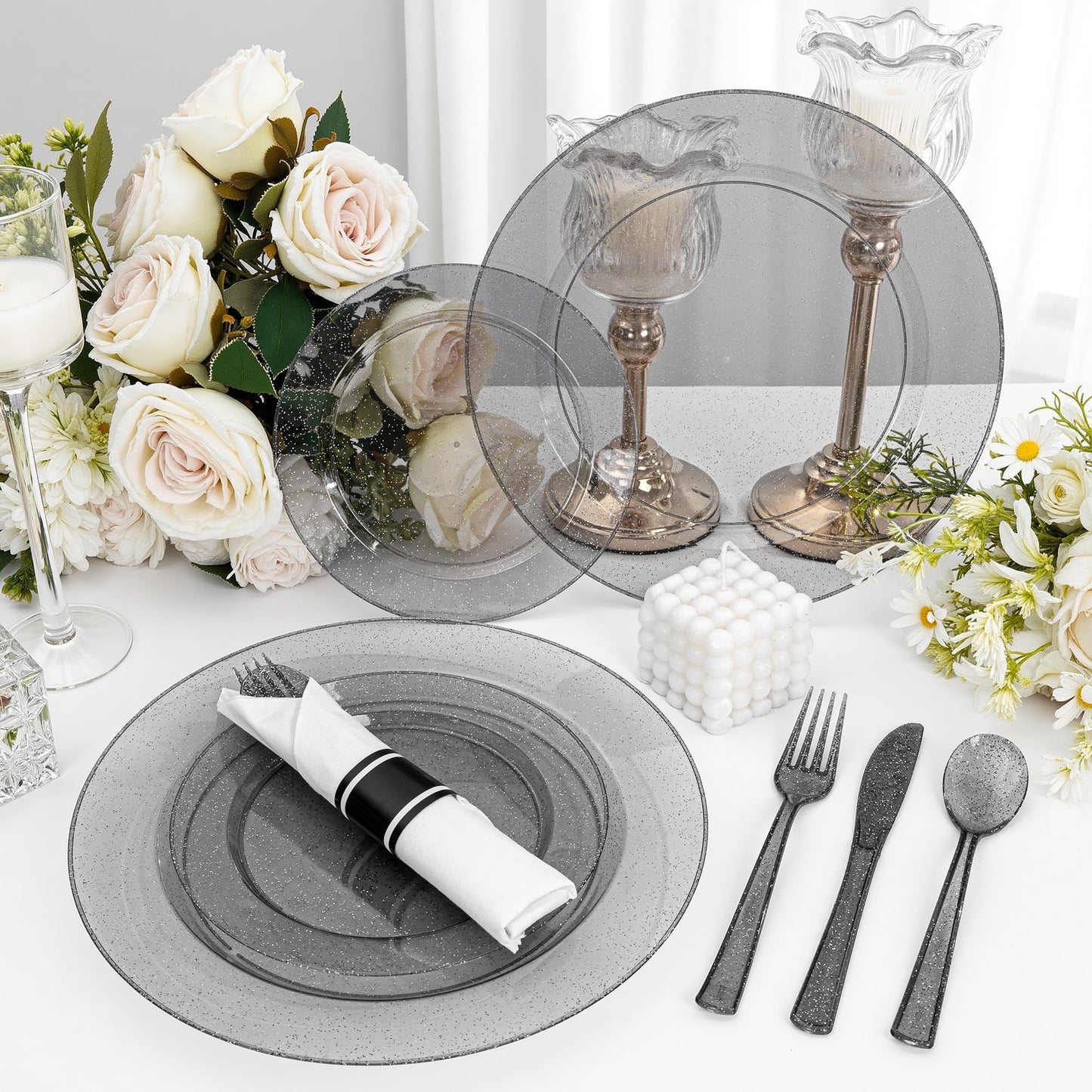 DaYammi 210PCS Black Glitter Plastic Dinnerware Set for 30 Guests, Fancy Disposable Plates for Party, Include: 30 Dinner Plates, 30 Dessert Plates, 30 Pre Rolled Napkins and 30 Cups