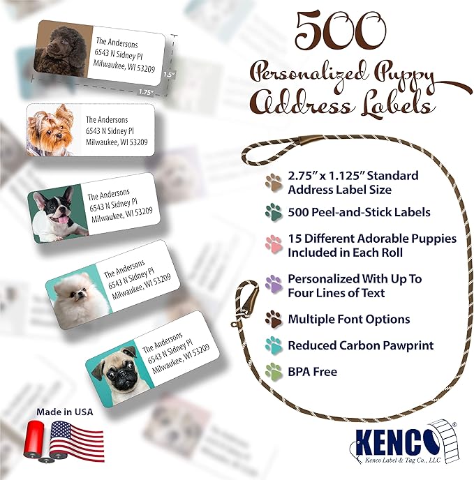 Customized Personalized Address Labels - Made in The USA by Kenco (500 Labels, Puppies)