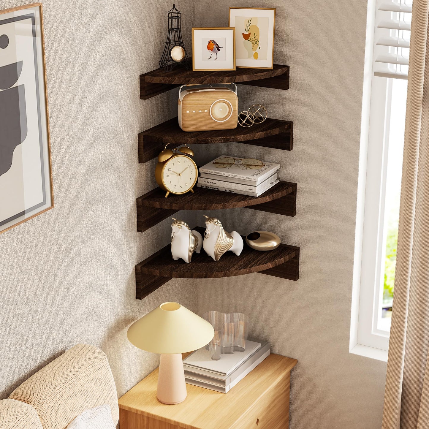 Alsonerbay Corner Shelf Wall Mount, Floating Shelves for Wall Storage and Display, Set of 4 Rustic Wood Shelves for Bedroom, Kitchen, Living Room, Nursery and Office (Dark Brown)