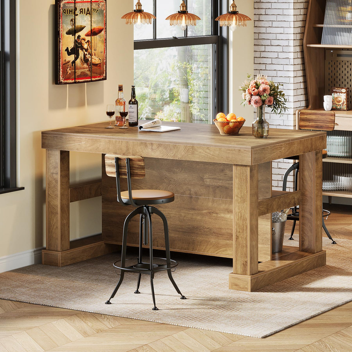 Tribesigns 55" Kitchen Island with Seating and Storage, 3-Tier Farmhouse Wood Stationary Island Table with Large Worktop & Leg Room, Coffee Bar Table with Storage Shelves for Kitchen, Natural Brown