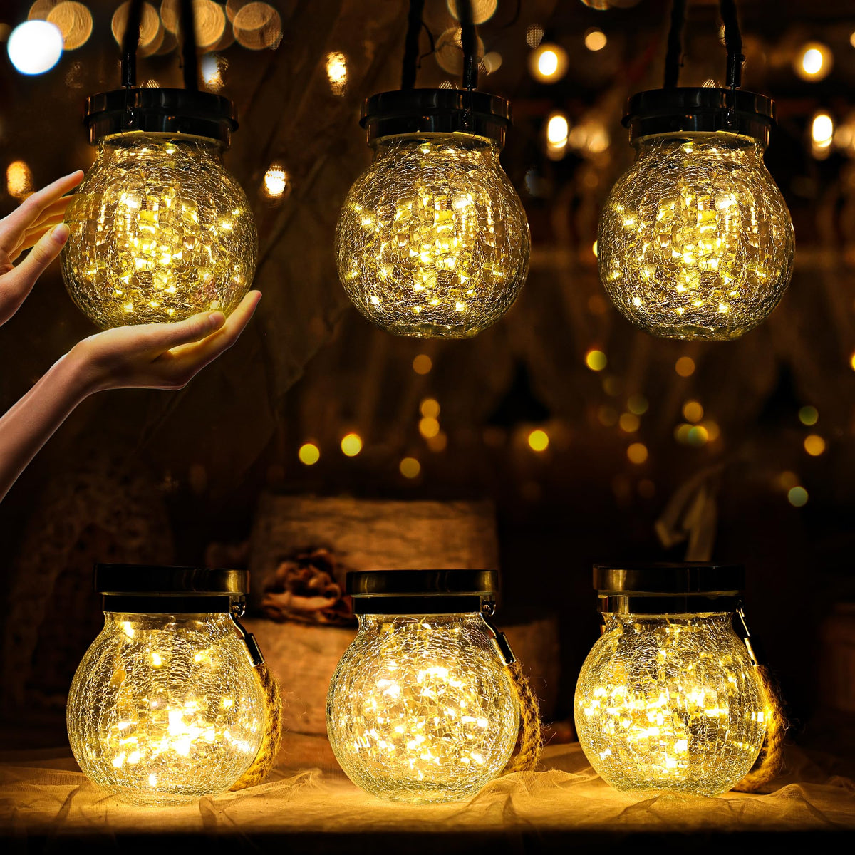 Cooo 6 Pack Heavy Crackle Glass Solar Lantern with 30 LED Firefly Lights– Waterproof Outdoor Hanging Lamp 215% Larger Solar Panel, Stainless Steel Lid Decorative Lighting for Garden Patio Table