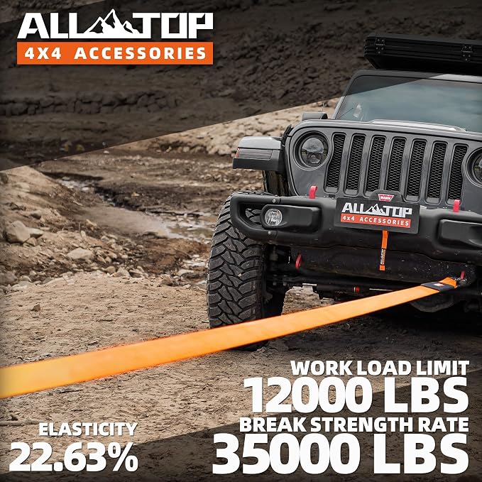 ALL-TOP Recovery Snatch Strap, 3in x 30ft - 35000Lbs, Heavy Duty 100% Nylon Kinetic Towing Recovery Strap with 22% Elongation & Reinforced Loops