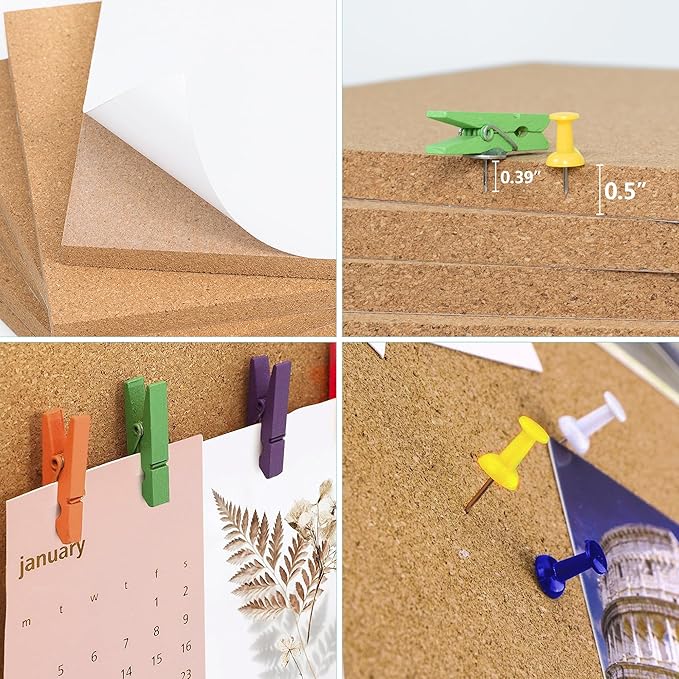 AKTOP Cork Board Bulletin Board 17"x8", 1/2" Thick Cork Board Tiles 10 Pack, Small Pin Board for Wall Decor, Self Adhesive Corkboards with 120 Push Pin Wood Clips for School, Home & Office