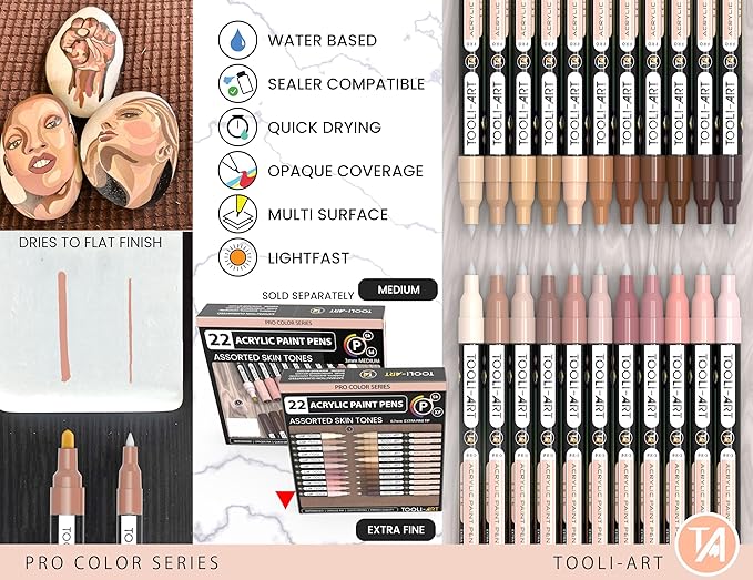 Acrylic Paint Pens 22 Skin Tones Assorted Pro Color Series Markers Set 0.7mm Extra Fine Tip for Rock Painting, Glass, Mugs, Wood, Metal, Canvas, Projects, Non Toxic, Waterbased, Quick Drying