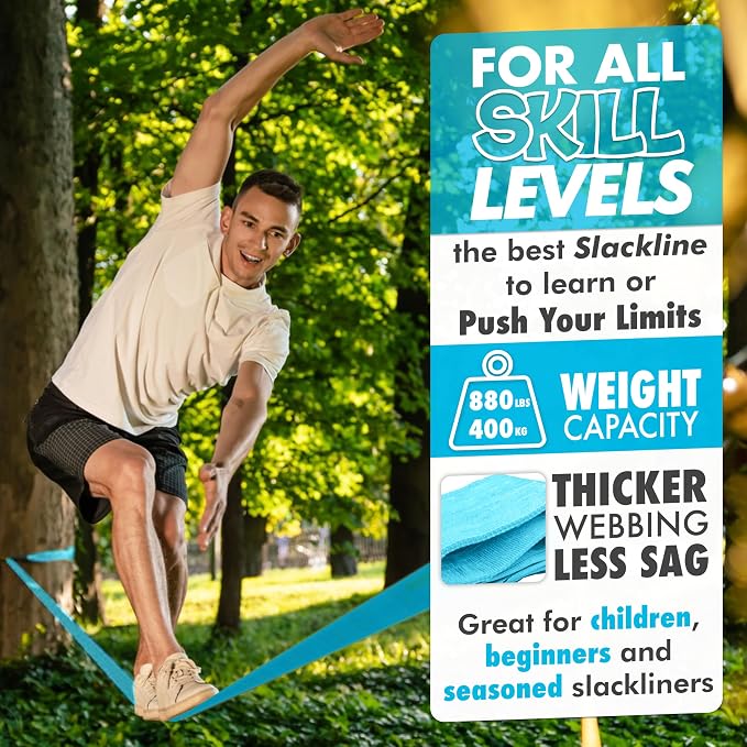 Complete Slackline Kit with Training Line - 60ft Slack Lines for Backyard for Kids and Adults, Wider Tree Protectors - Ninja Slackline Kit for Kids Outdoor Play Equipment (Complete Kit - Blue)