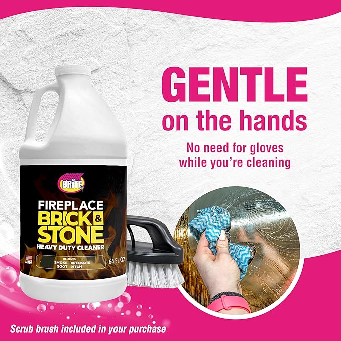 Quick N Brite Fireplace Gel Cleaner with Scrub Brush for Brick, Stone, Rock, Tile, and Marble, Nonabrasive Fireplace Cleaner, Made in the USA, 64oz