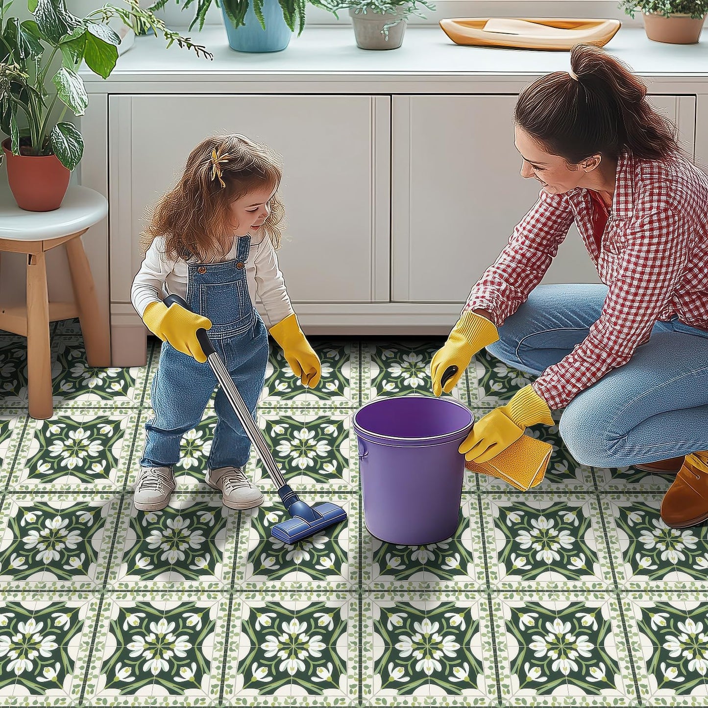 HOMETITUTE 10PCS 12x12 Inch Green Snowdrop Botanical Pattern Floor Tiles Peel and Stick Removable Self Adhesive DIY Vinyl Flooring Stickers for Kitchen Bathroom Living Room Entryway Home Decor