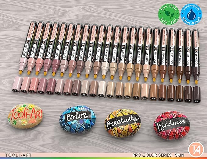 TOOLI-ART 22 Acrylic Paint Markers Paint Pens Pro Color Series Set 3mm Medium Tip for Rock Painting, Glass, Mugs, Wood, Metal, Glass Paint, Canvas, DIY. Non Toxic, Waterbased, Quick Drying (SKIN)