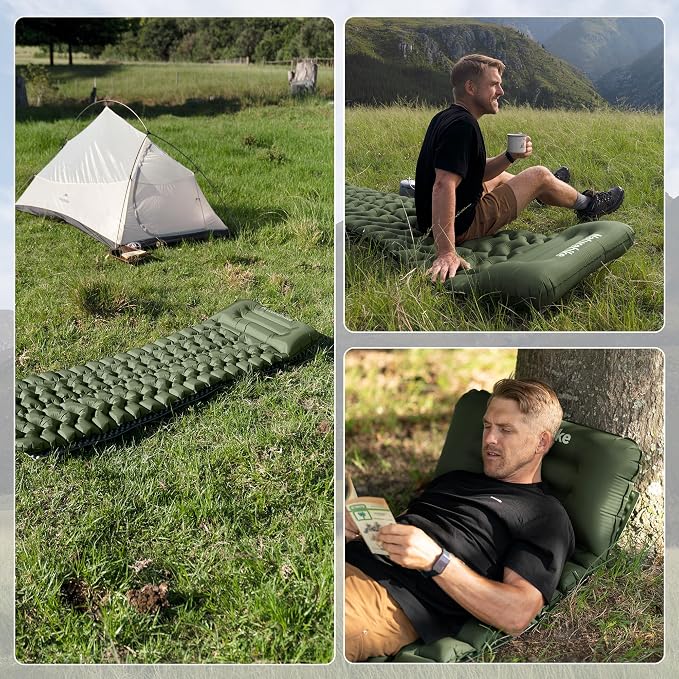 Naturehike Camping Sleeping Pad, Ultralight Inflatable Sleeping Mat with Pillow &Air Pump Sack, 3.74 Inch Lightweight Air Mattress for Camping, Backpacking, Hiking, Traveling
