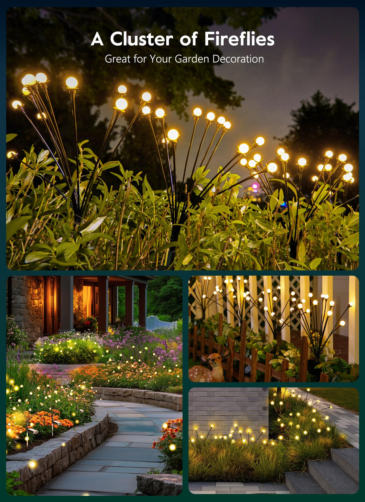 Brightown Solar Garden Lights - 4 Pack 48 LED Firefly Lights with 2 Lighting Mode, Sway by Wind, Waterproof Solar Light for Outdoor Outside Yard, Warm White