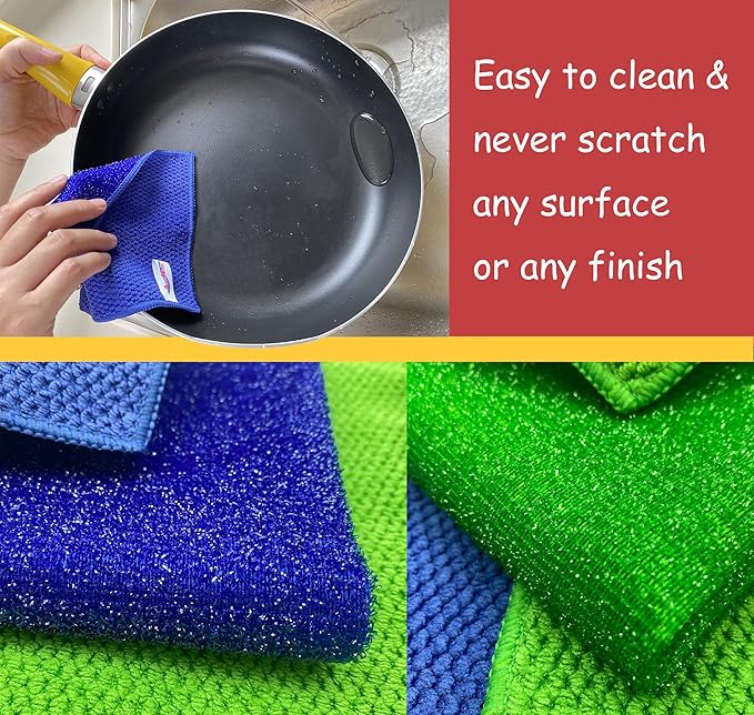 24 Pack Microfiber Scrub Dish Cleaning Cloth, Non-Scratch, 6 x 6 Inch, Multi-use for Pan Pot Dish Cooktop Stovetop Counter Kitchen Household, No Odor, Machine Washable, Blue & Green Assorted