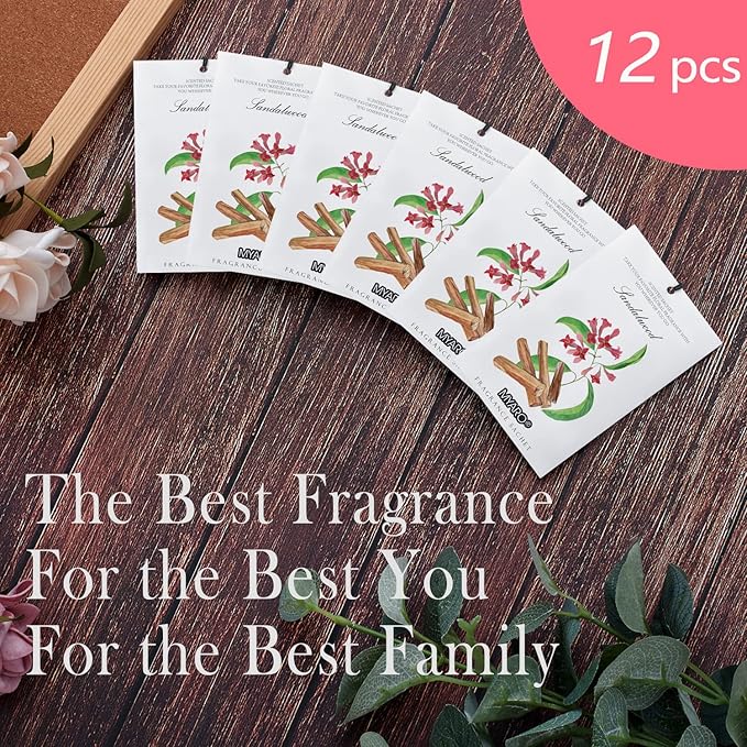 MYARO Scented Sachet House Air Freshener - 12 Pack Long Lasting Sandalwood Fragrance Deodorizer for Home Closet Drawer Car