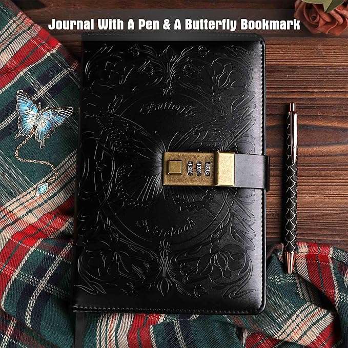 TIEFOSSI Diary with Lock for Women Girls, Lined Locked Journal, Butterfly Journal Notebook with Pen and Bookmark, A5 Refillable Locking Journals for Writing, 224 Numbered Pages