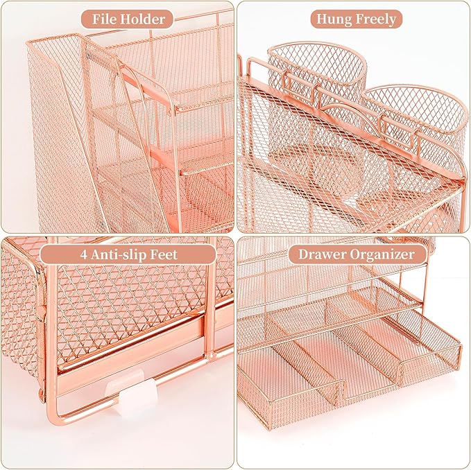 gianotter Desk Organizers and Accessories with File Holder, 4-Tier Desk Accessories & Workspace Organizers with Drawer and 2 Pen Holder, Paper Organizer for Office Supplies (Rose Gold)