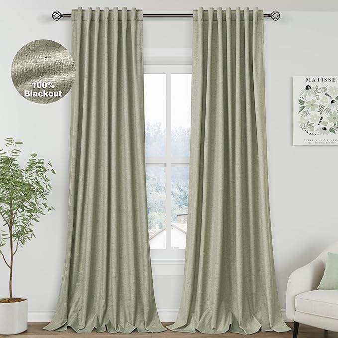 Nanspring Sage Green Linen 100% Blackout Curtains 105 inch Length Back Tab Rod Pocket Drapes Thermal Insulated Textured Living Room Black Out Curtains 2 Panels Set 52x105