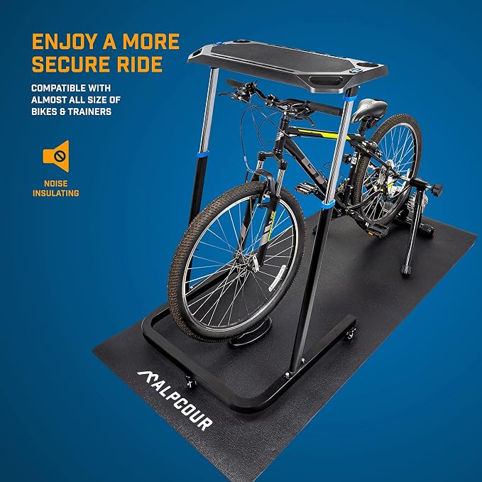 Alpcour Fluid Bike Trainer Stand for Indoor Riding – Portable Stainless Steel Indoor Trainer, Noise Reduction, Progressive Resistance, Dual-Lock System – Multipurpose Bike Trainer Mat – 36”x78”