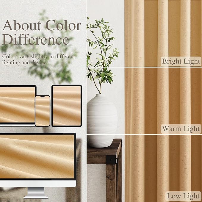 Full Black Out Camel Window Curtains Panels 102 Inches Long 2 Panels Set for Living Room Cotton Textured Long Blackout Curtain with Backing Thermal Insulated Drapes for Nursery Bedroom 52x102