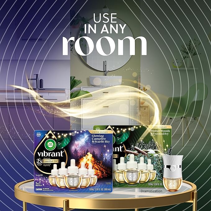 Air Wick Plug In Vibrant Scented Oil, Campfire + Winter Woods, Air Fresheners for Home Long Lasting,Home Room Fresheners,Air Freshener Plug In, House Essentials for Small Spaces + Large Spaces,5 ct