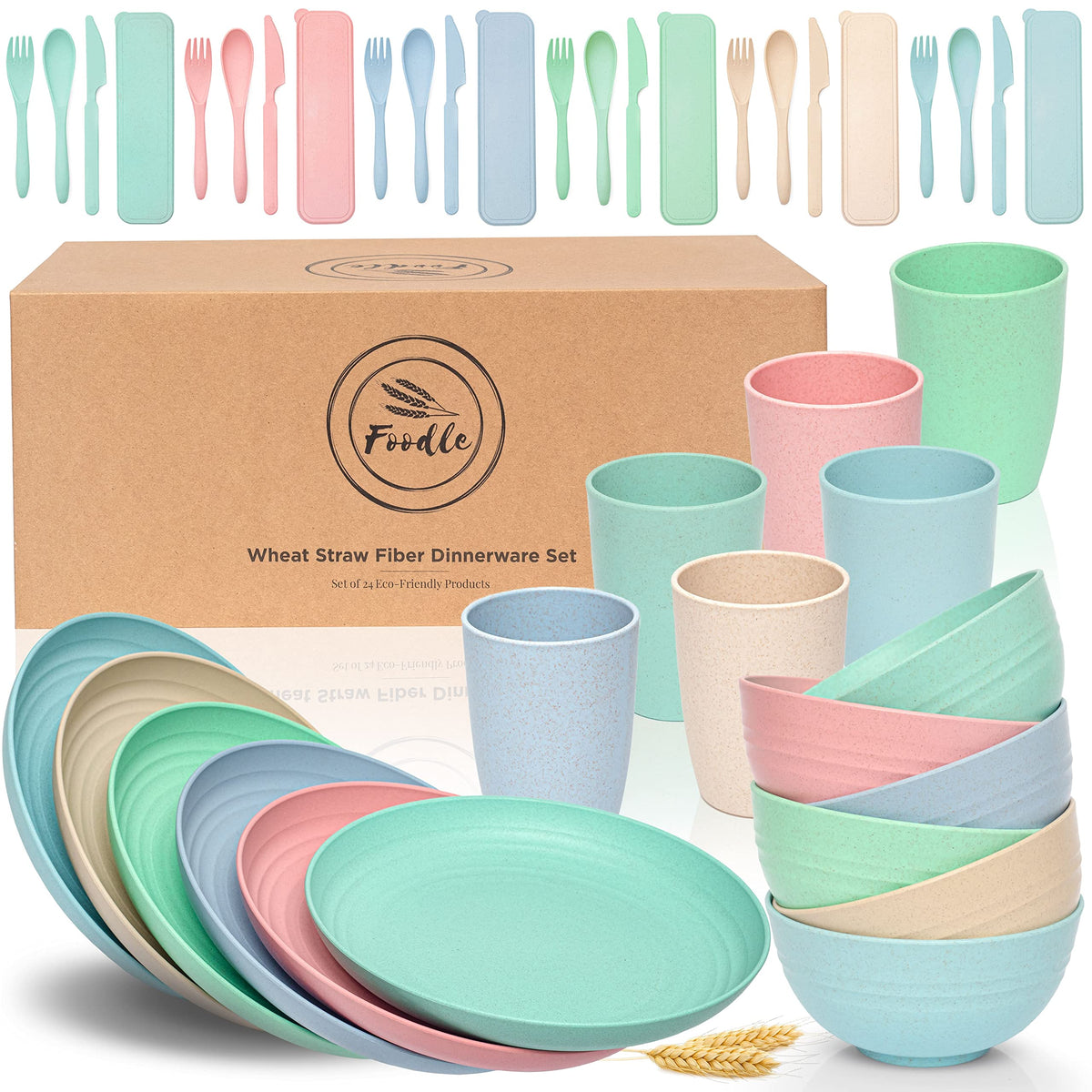 FOODLE Wheat Straw Dinnerware Set - BPA Free & Safety Certified - Lightweight & Unbreakable - Microwave & Dishwasher Safe - Camping, Dorm & RV Dishes - Reusable Kids Plates and Bowls Sets - For 6