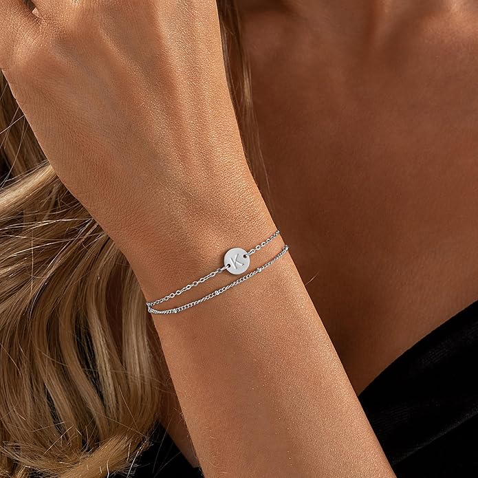 MONOZO Gold Bracelets for Women Girls Valentines Day Gifts, Dainty 18K Gold Plated Disc Monogram Letter A-Z Initial Bracelets for Women Trendy Personalized Letter Bracelet Valentines Day Gifts for Her
