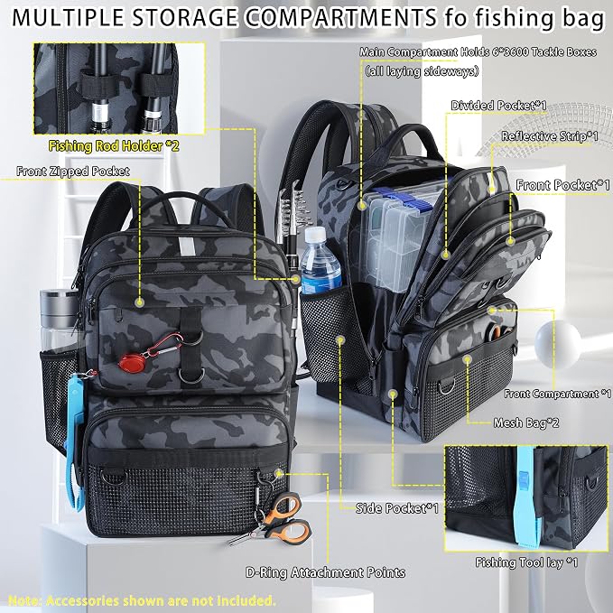 Fishing Backpack with Tackle Boxes and Rod Holder, 24L Fishing Sling Bag with Fishing Lures Kit, Fishing Gear Bag Gifts for Men Women - Camo Black Backpack