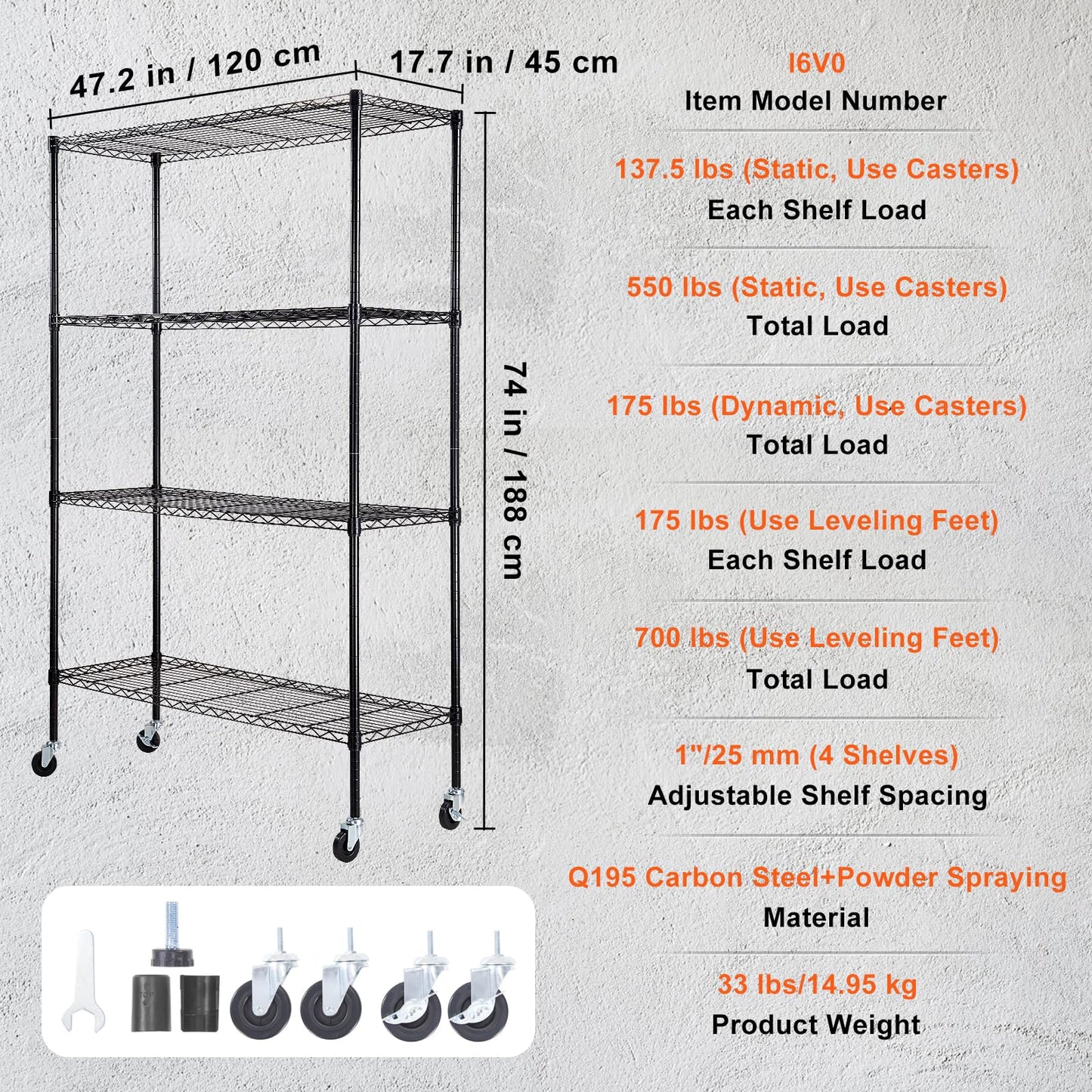 VEVOR Storage Shelving Unit, 4-Tier Adjustable Storage Shelves, 48" L x 18" W x 74" H Garage Storage Shelves, Metal Shelves with Wheels for Kitchen Pantry Basement Bathroom Laundry