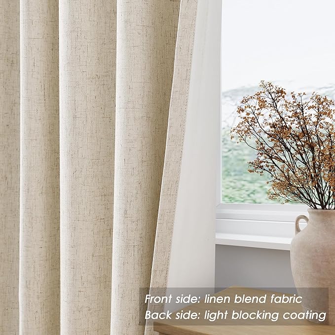 100% Blackout Beige Linen Curtains 96 inches Long for Bedroom Back Tab Thermal Insulated Black Out Window Curtain Full Light Blocking Room Darkening Curtains for Living Room Guest Playroom 8 FT