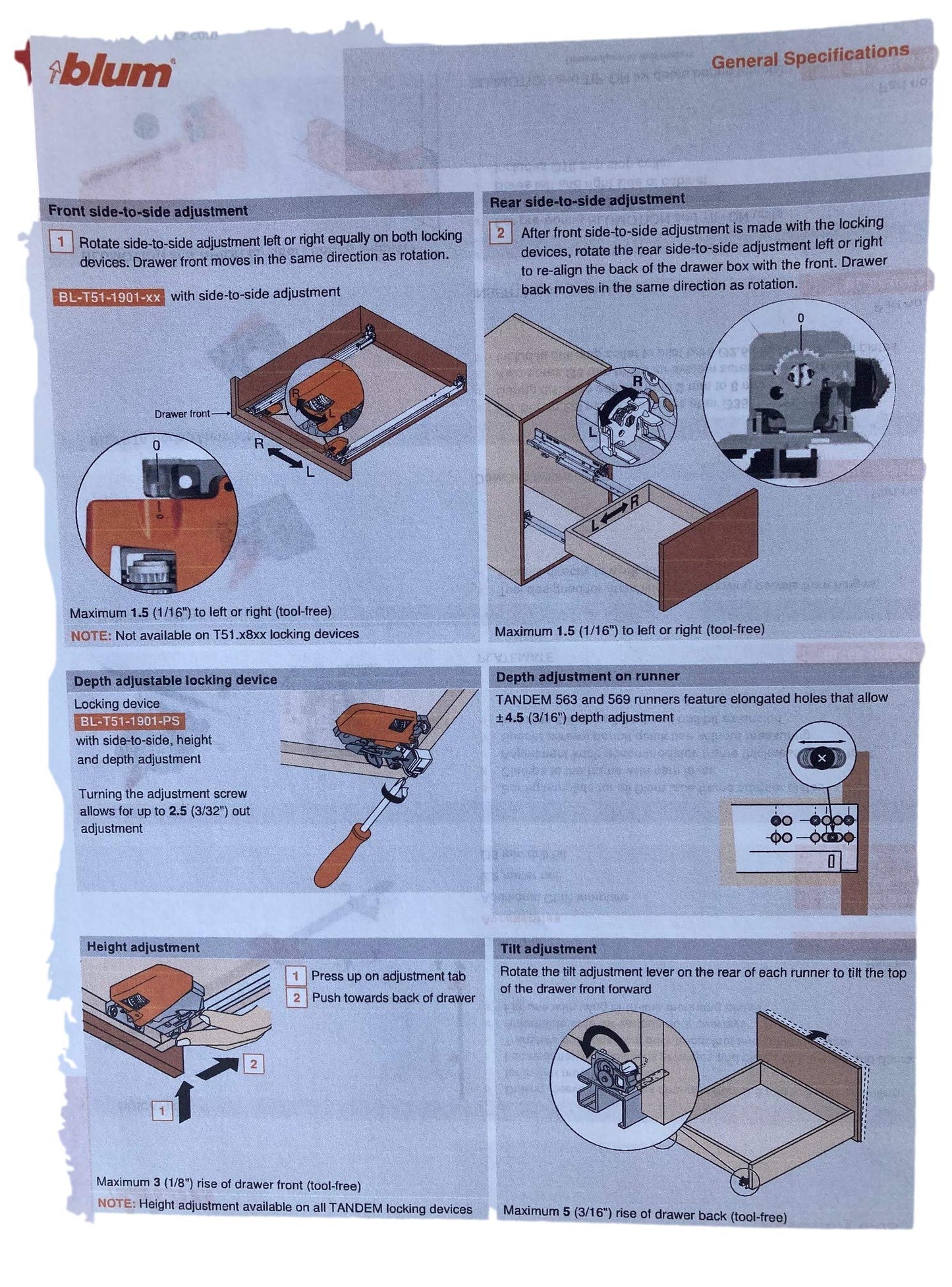 Side to Side Adjustable Locking Device for 563/569 Series Blum Tandem Drawer Slide - 2 Pair (4 Pieces) with Installation Screws