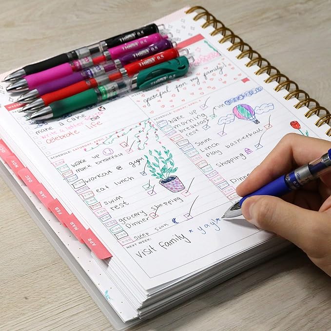 THINK2MASTER [24 Pens - 4Black, 4Blue, 4 Red, 4 Green, 4 Pink, 4Purple Ink] Think2 Retractable Gel Pens. Assorted Colors Fine Point (0.5mm) Rollerball Pens with Comfort Grip.