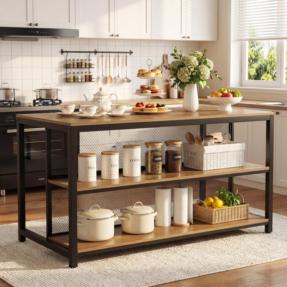 Tribesigns 63" Kitchen Island, Industrial Bar Table with Storage Shelves & Seating, Modern Farmhouse High Top Kitchen Dining Table with Metal Frame for Kitchen, Dining Room, Living Room, Bistro