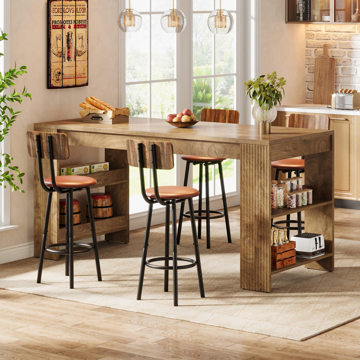 Tribesigns 63-Inch Kitchen Island with Storage, Farmhouse Home Bar Table with Double-Sided Storage Shelves, Large Stationary Island Table for Kitchen, Dining Room, Living Room (Natural)