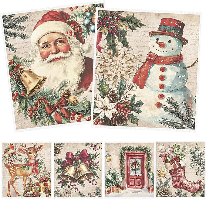 Christmas Swedish Dishcloths for Kitchen, 6 Pack Vintage Santa Claus Snowman Reusable Paper Towels Housewarming Gifts for Women, Xmas Absorbent Dish Rags for Home Cleaning