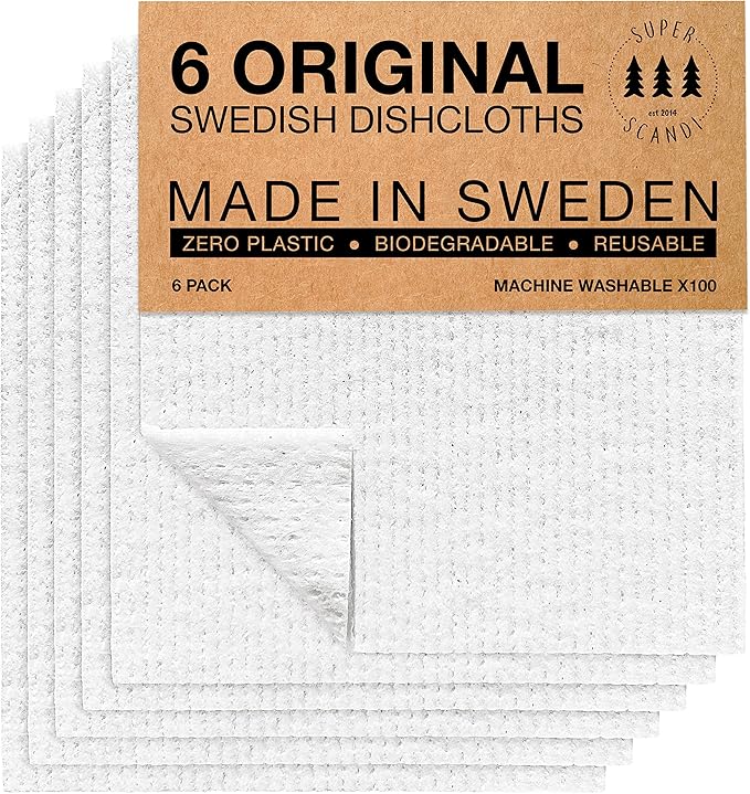 SUPERSCANDI 6 Pack Swedish Dishcloths for Kitchen - 100% Biodegradable & Compostable Reusable Paper Towels Washable, Food-Safe & Without Plastic - Dish Rags Suitable for Any Surface, White