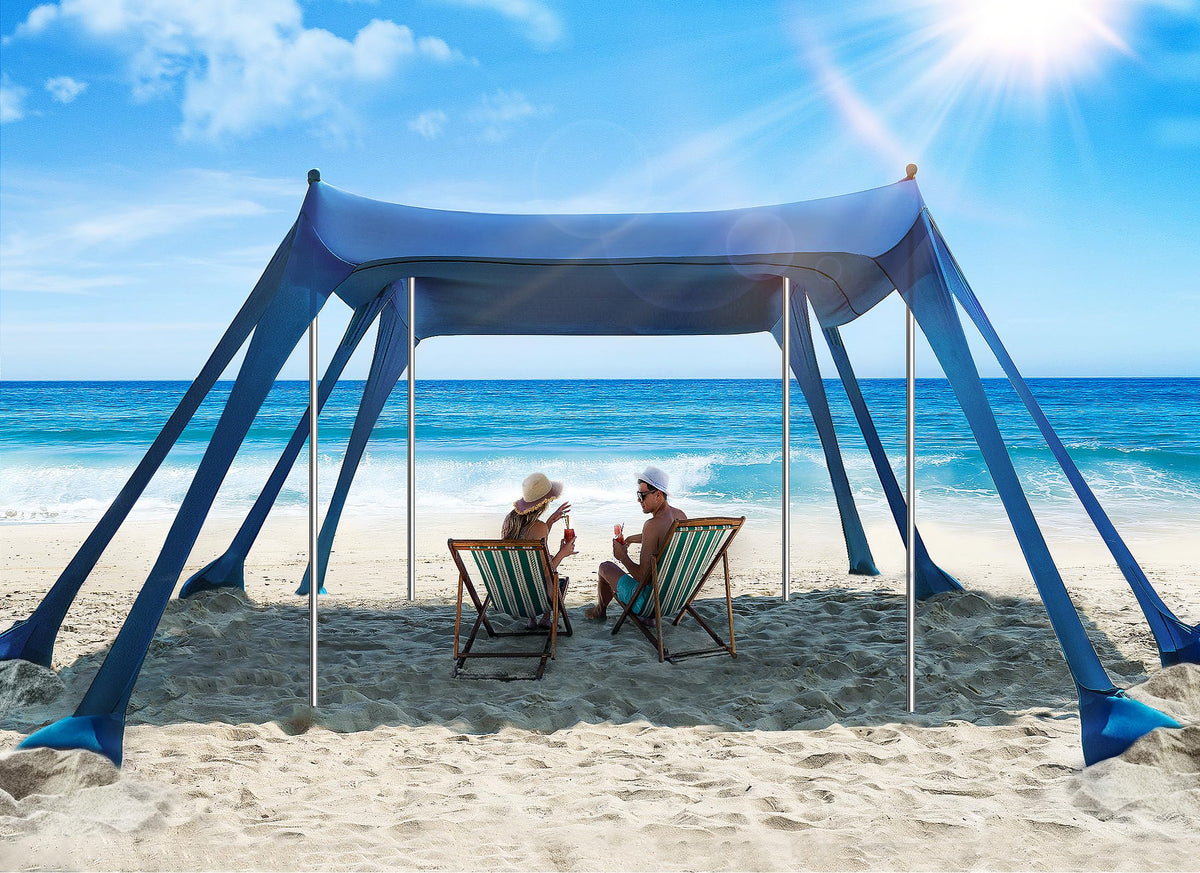 Vibemo Beach Tent, Beach Canopy Sun Shade with UPF50+ UV Protection, 10x10ft, Includes 8 Sandbags, Sand Shovel, Ground Pegs & 4 Stability Poles, Pop Up Sun Shelter for Camping, Picnics, Backyard Fun