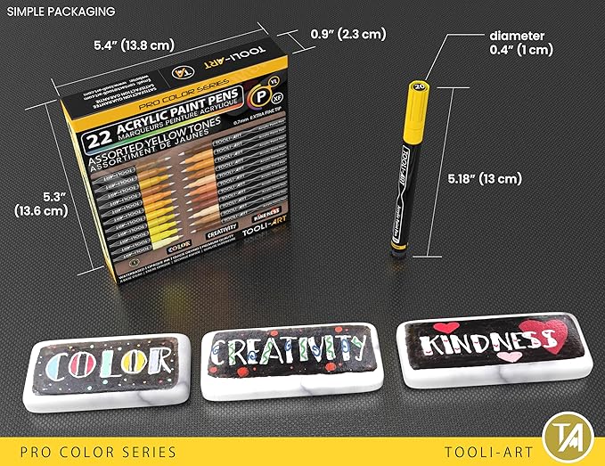 Acrylic Paint Pens 22 Yellow & Brown Tones Assorted Pro Color Series Markers Set 0.7mm Extra Fine Tip for Rock Painting, Glass, Mugs, Wood, Metal, Canvas, Projects, Non Toxic, Waterbased, Quick Drying