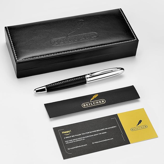 BEILUNER 318 Luxury Leather Pen, Hand-Stitched Premium Leather, Chrome-Plated Finish, Schmidt Ink Refill, Best Rollerball Pen Gift for Men & Women, Refillable, Executive Writing, Nice Pens