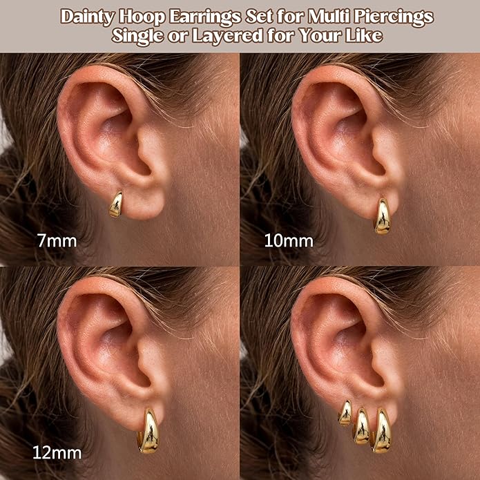 BESTEEL 3Pairs 14K Gold Plated Hoop Earrings Set for Women Chunky Earring Silver Plated Hypoallergenic Small Huggie Hoops Lightweight Tiny Thick Trendy Hoop Earrings Stacks for Multiple Piercing