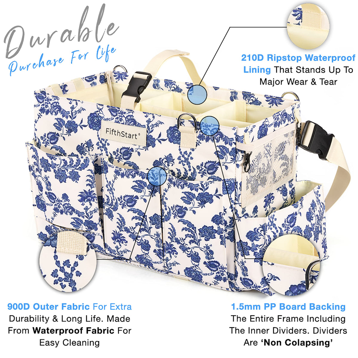 FifthStart Multiuse Large Blue Floral Diaper Caddy with Waist, Shoulder Strap, 9 Pockets, Mesh Base, and Adjustable Compartments