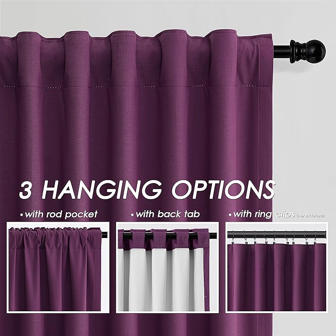 Blackout Purple Linen Curtains 96 Inches Long Back Tab Heat Reflective Full Light Block Out Curtains 2 Panels for Bedroom Windows Textured Draperies with Liner Floor to Ceiling Length 8 Ft 52x96