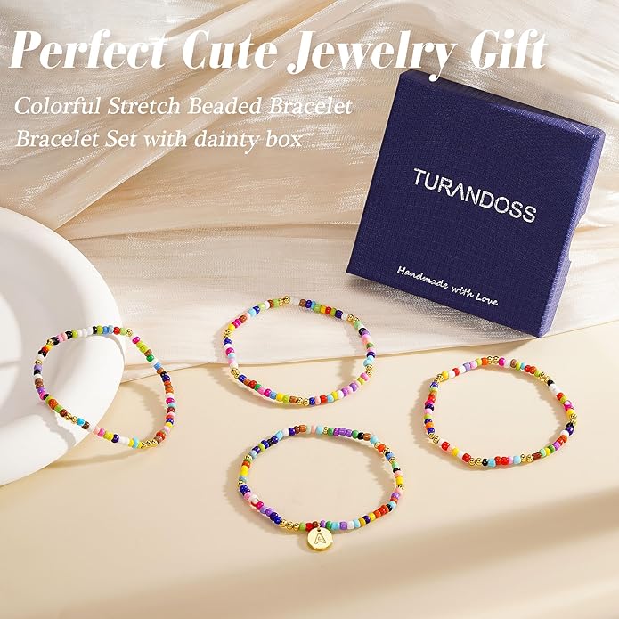 Turandoss 4PCS Colorful Beaded Initial Bracelets for Women Teen Girls - Cute Stretch Beaded Bohemian Disc Initial A-Z Stackable Bracelets Jewelry for Girls Women Teens Birthday Gifts