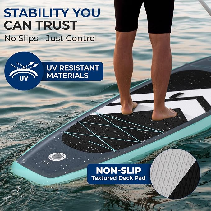 SereneLife 10’6" Inflatable Stand Up Paddle Board with Premium SUP Accessories - Wide Stable Design with Non-Slip EVA Deck Pad, for Youth and Adults, 350 lbs. Capacity