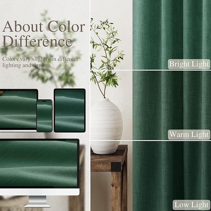 Nanspring Full Blackout Linen Green Curtains 90 Inches Long for Living Room Patio Sliding Door Back Tab 100% Black Out Bedroom Curtains Boho Elegant Modern Window Curtain Panels Set of 2 52x90 Inch
