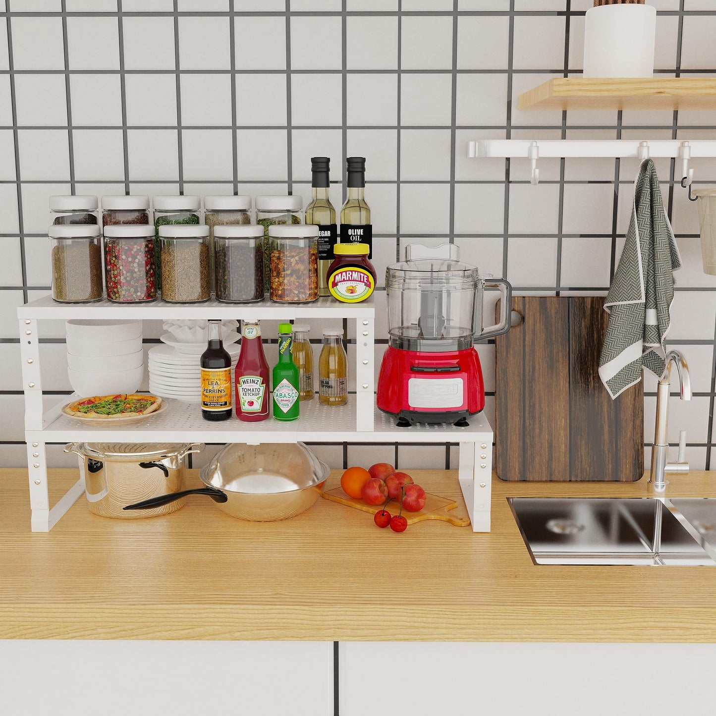 Jojocross Expandable Adjustable Stackable Kitchen Organizer, Spice Rack,Metal Pantry Storage Shelves Racks,Counter Shelf for Cabinets, Countertop, Cupboard (1 Pack/Large/White)