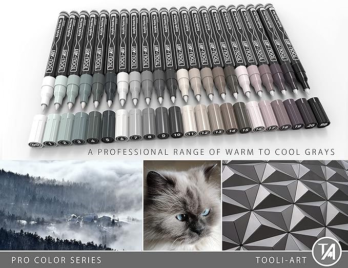 Acrylic Paint Pens 22 Gray Tones Assorted Pro Color Series Markers Set 0.7mm Extra Fine Tip for Rock Painting, Glass, Mugs, Wood, Metal, Canvas, Projects, Non Toxic, Waterbased, Quick Drying