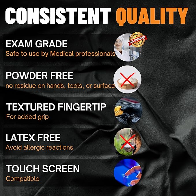 5-6 Mil HEAVY DUTY Black Nitrile Gloves, Powder Free, Latex-Free, Exam, Food, Mechanic, Tattoo Disposable Gloves