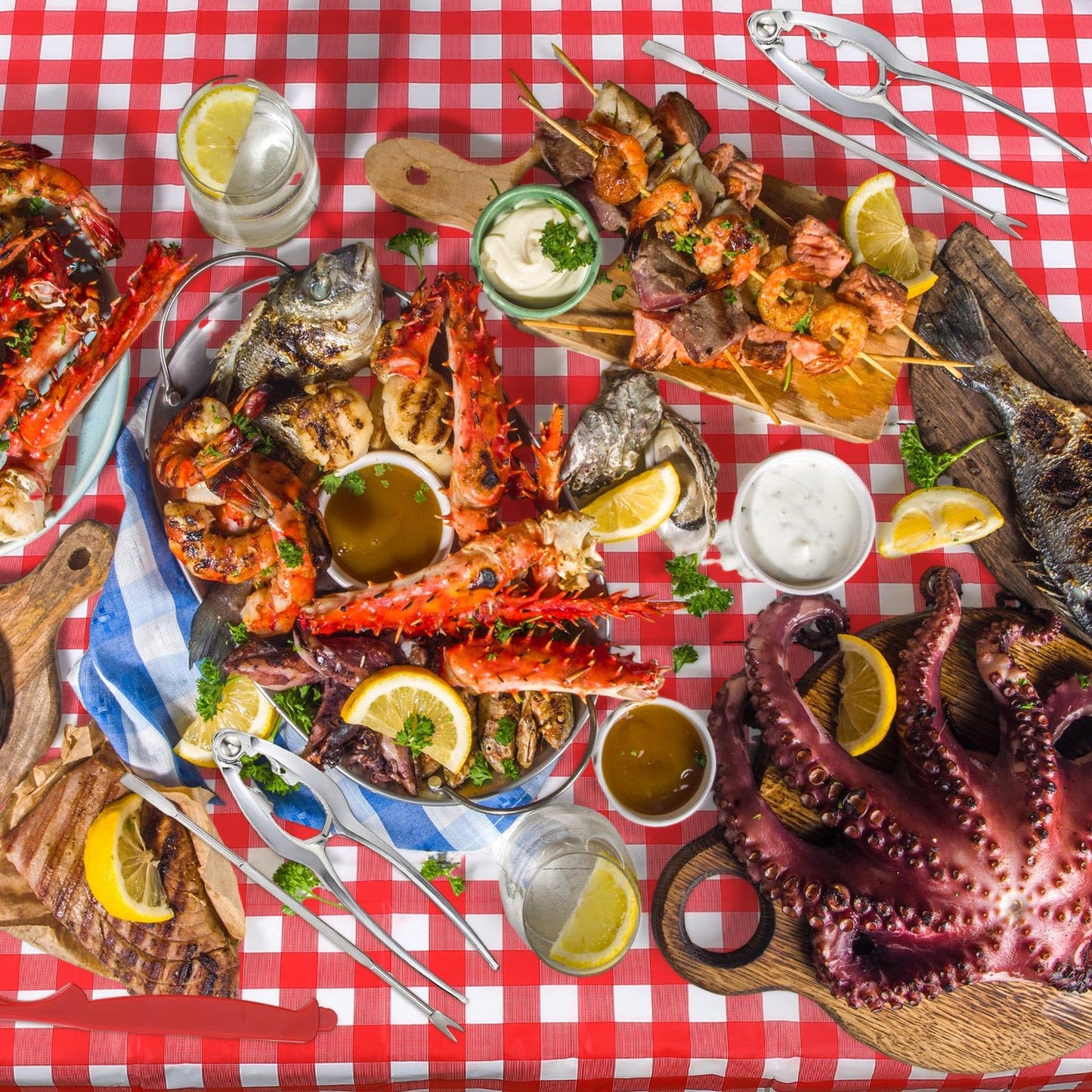 Mepase 21 Pcs Seafood Tools Set Nut Cracker Set Crab Crackers, Crab Forks/picks, Lobster Shellers, 1.7 oz Dipping Sauce Cups, Lobster Bibs, Red Checkered Disposable Plastic Tablecloth