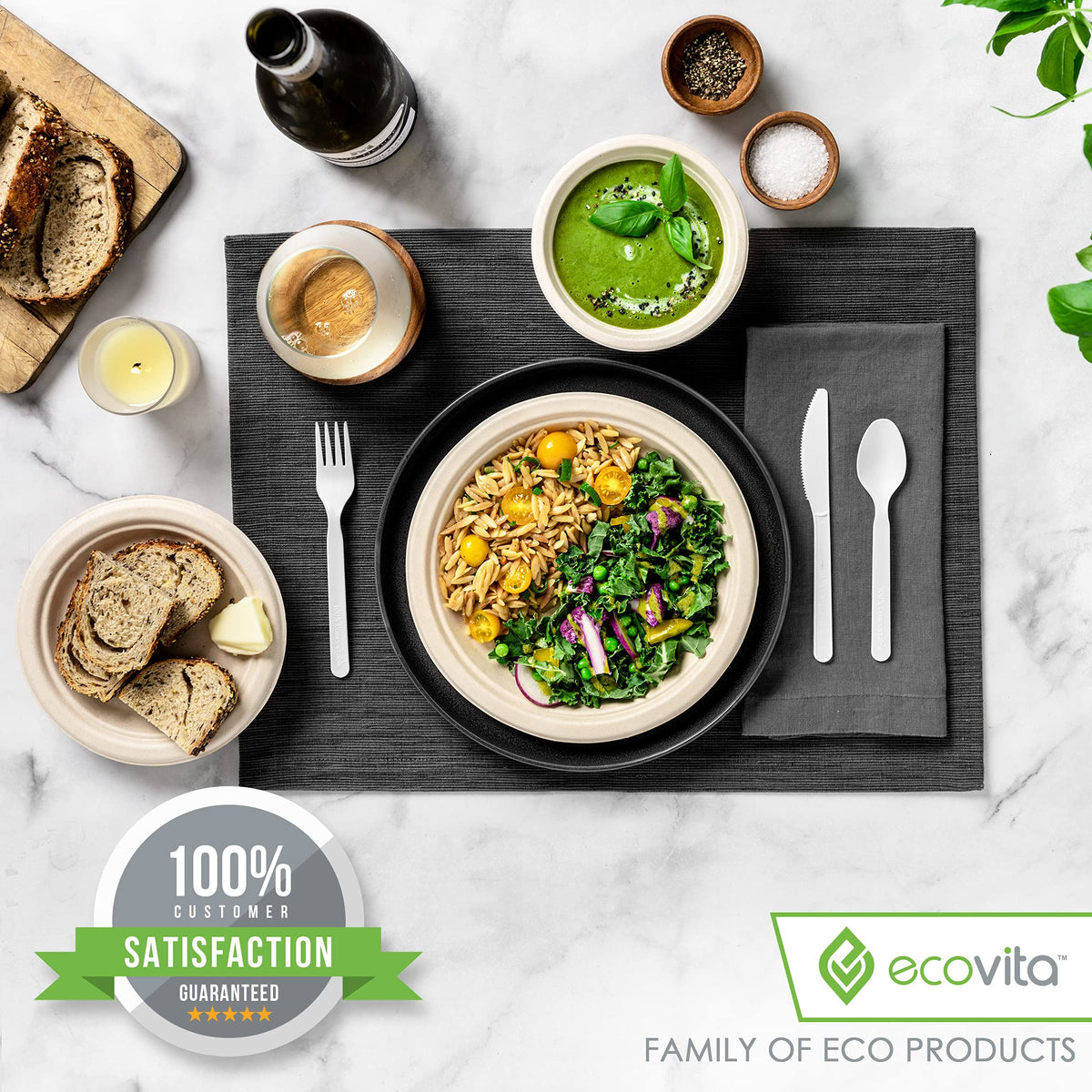 Ecovita 100% Compostable Knives - 500 Large Disposable Utensils (7 in.) Bulk Size Eco Friendly Durable and Heat Resistant Alternative to Plastic Knives with Convenient Tray