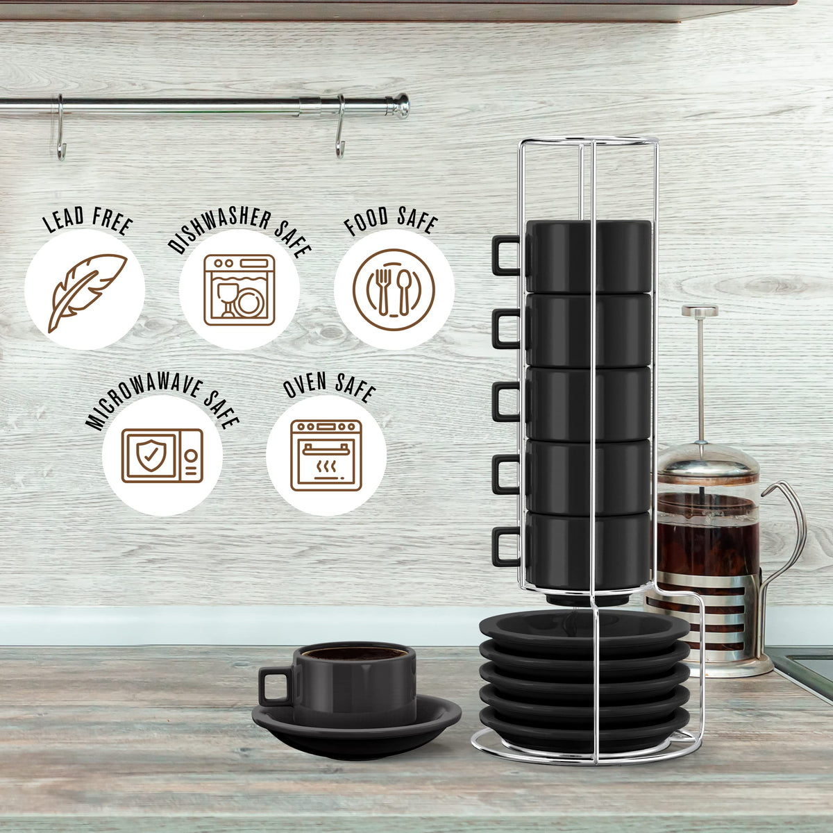Houseables Espresso Cup Set, Espresso Cups Stackable, Expresso, Demitasse, with Saucers, Stand, Spoons, Coffee Mugs, Juego De Tazas Para Cafe, Porcelain, Stacking, 19 Pieces, Set of 6, 2.5 oz, Black
